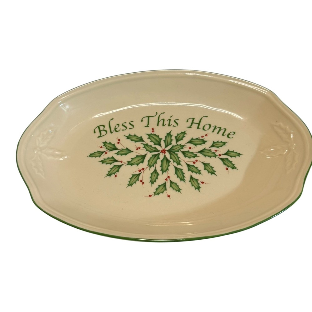 Lenox Holiday Bless This Home Oval Serving Platter Ivory Green Holly Christmas